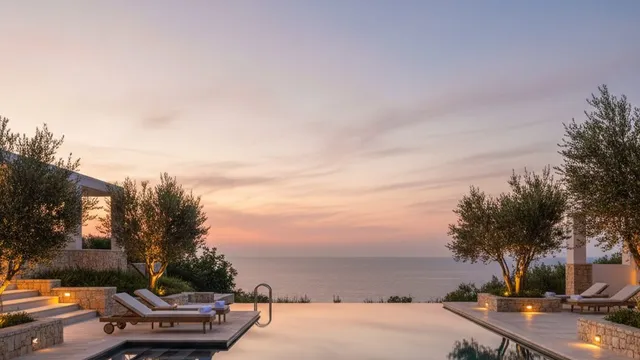 Rustige infinity pool van een adults-only resort in de schemering, met lege ligbedden en zicht op zee