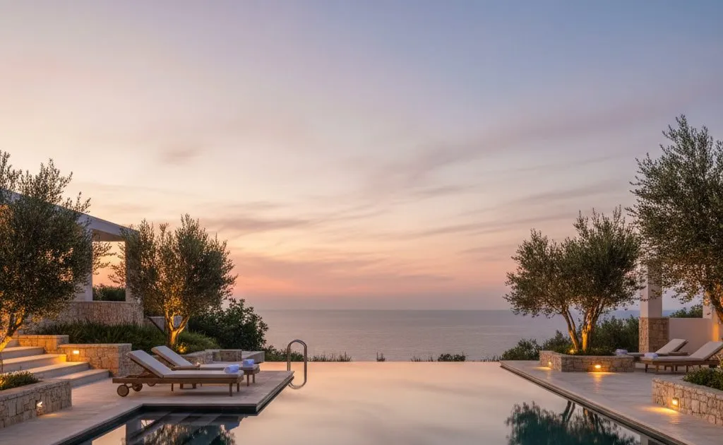 Rustige infinity pool van een adults-only resort in de schemering, met lege ligbedden en zicht op zee