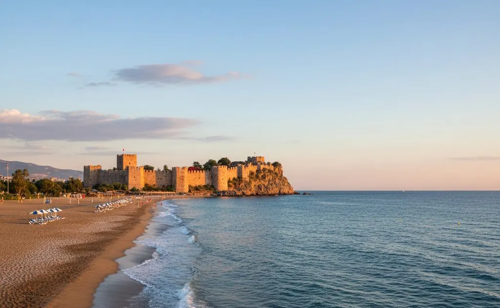Zandstrand van Alanya met parasols en de middeleeuwse burcht op de kaap in avondlicht
