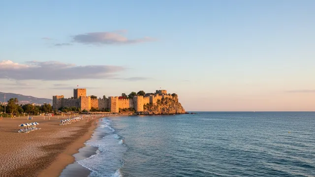 Zandstrand van Alanya met parasols en de middeleeuwse burcht op de kaap in avondlicht