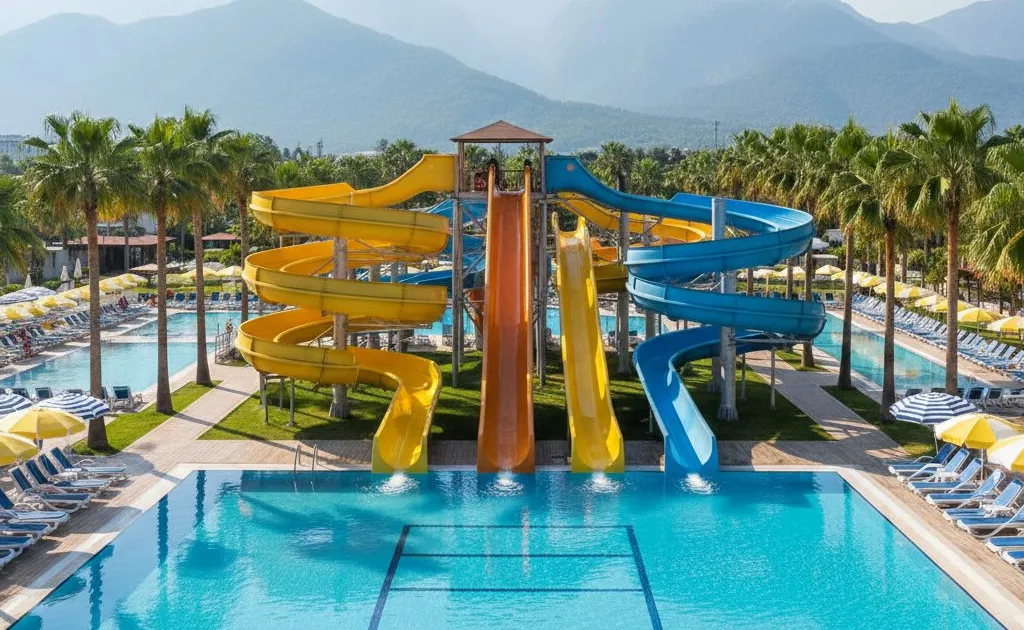 Gele, oranje en blauwe waterglijbanen boven het zwembad van een Turks resort, met de Taurusbergen in de verte