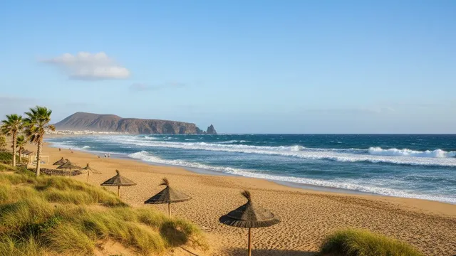Breed zandstrand aan de Atlantische kust met rieten parasols, schuimkoppen op zee en een donkere kaap in de verte