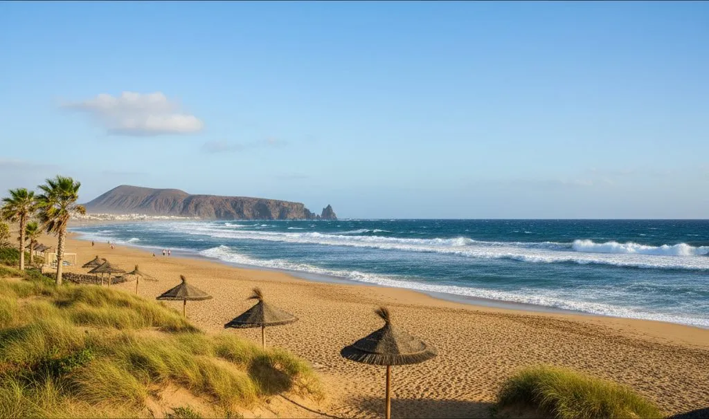Breed zandstrand aan de Atlantische kust met rieten parasols, schuimkoppen op zee en een donkere kaap in de verte