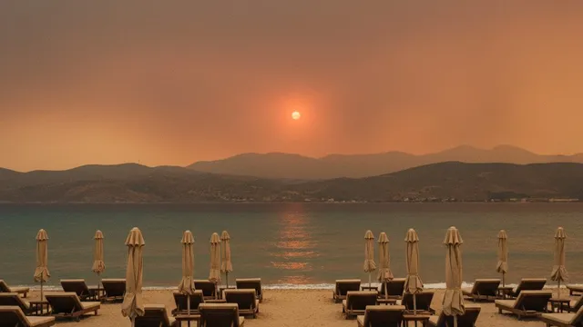 Leeg strand met opgeklapte parasols onder een oranje lucht vol rook, met een doffe zon boven zee