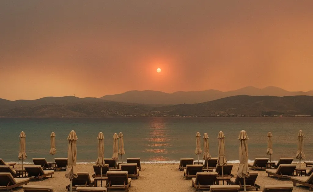 Leeg strand met opgeklapte parasols onder een oranje lucht vol rook, met een doffe zon boven zee