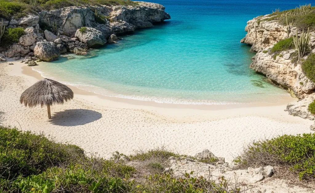 Kleine baai op Curaçao met helder turquoise water, wit zand en kalksteenrotsen met cactussen
