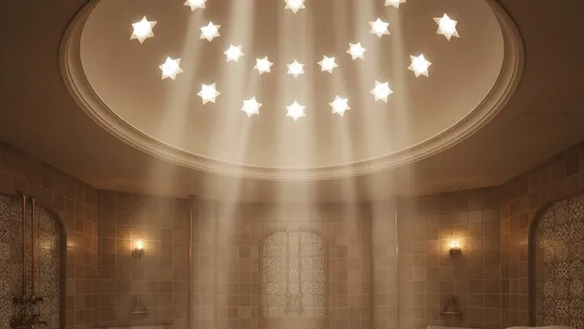 Hamam met een koepel vol stervormige lichtopeningen waardoor bundels licht op de marmeren steen vallen