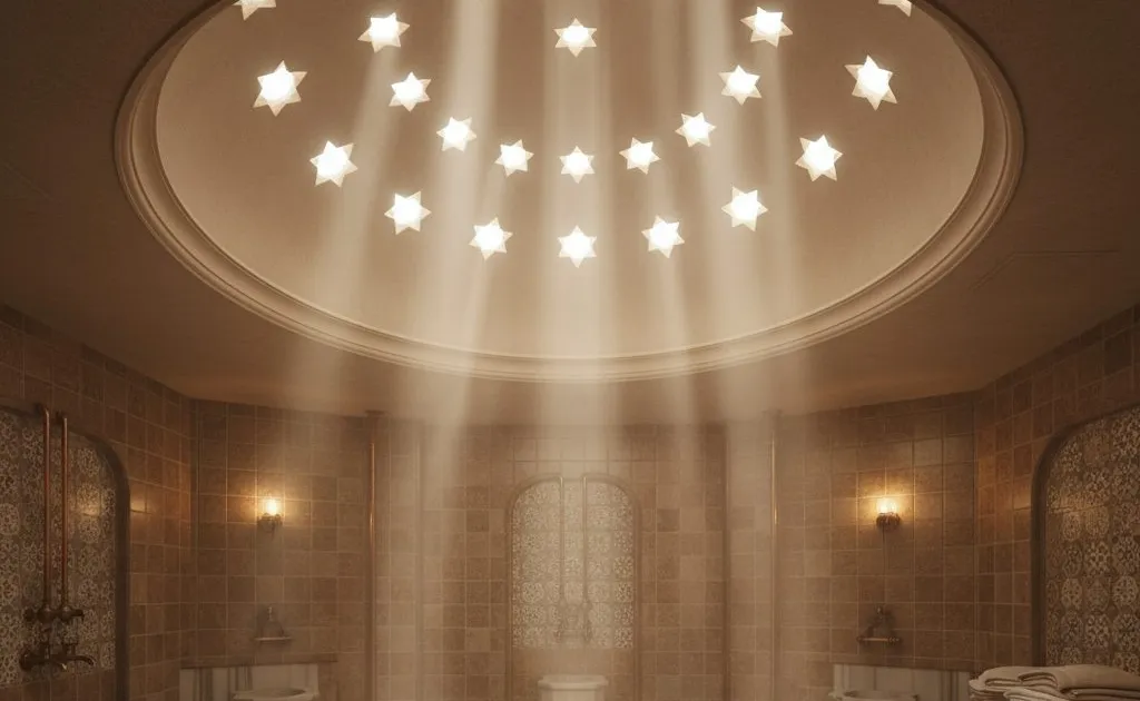 Hamam met een koepel vol stervormige lichtopeningen waardoor bundels licht op de marmeren steen vallen