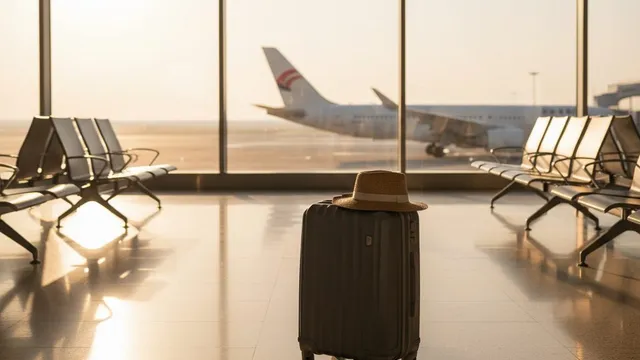 Handbagagekoffer met strohoed bij een groot raam op de luchthaven, in laag ochtendlicht met een vliegtuigstaart op de achtergrond