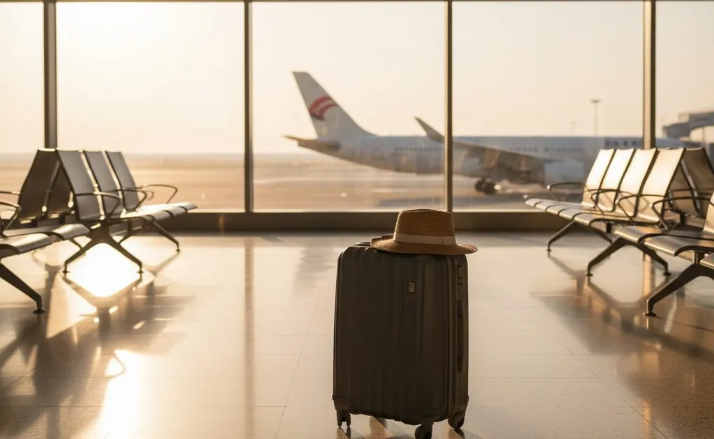 Handbagagekoffer met strohoed bij een groot raam op de luchthaven, in laag ochtendlicht met een vliegtuigstaart op de achtergrond