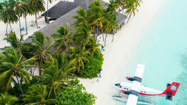 Watervliegtuig bij een tropisch eiland met palmen en turquoise water