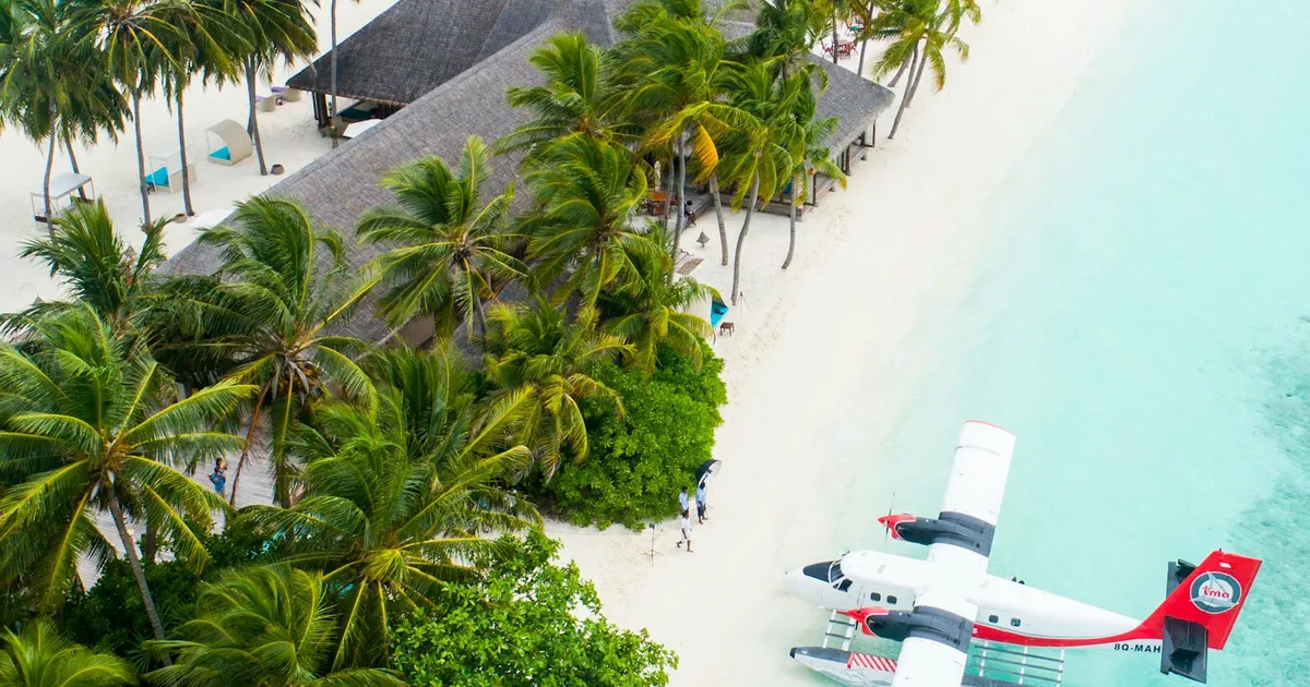 Watervliegtuig bij een tropisch eiland met palmen en turquoise water