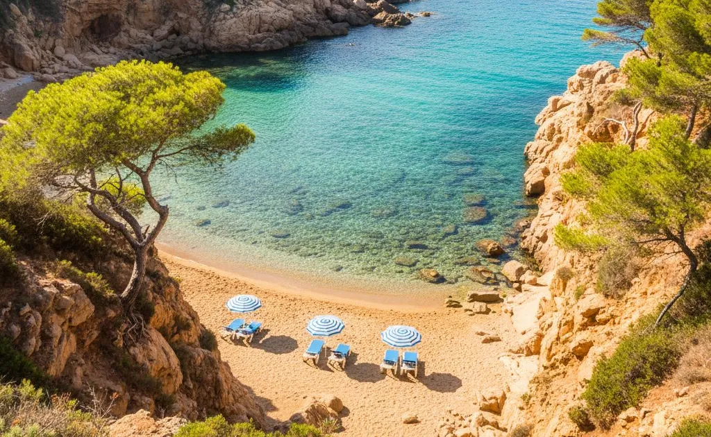 Kleine baai aan de Costa Brava met turquoise water, goudkleurig zand en pijnbomen op de rotsen