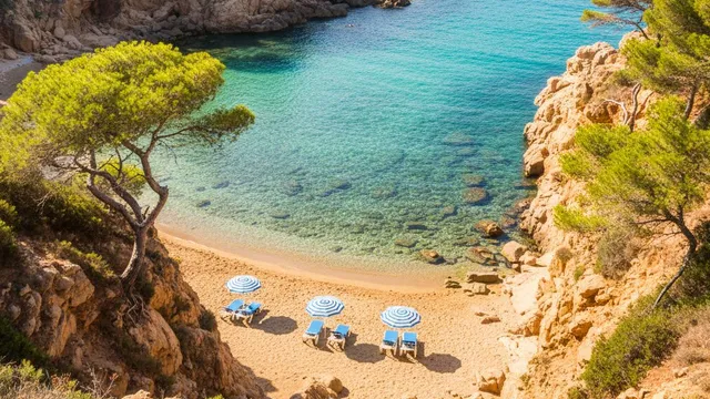 Kleine baai aan de Costa Brava met turquoise water, goudkleurig zand en pijnbomen op de rotsen