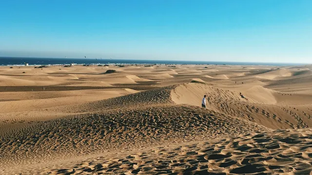 De zandduinen van Maspalomas met de oceaan aan de horizon