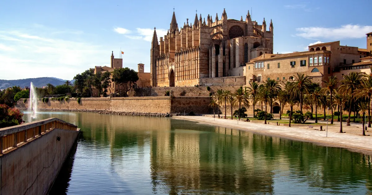 De kathedraal van Palma de Mallorca met palmen aan het water