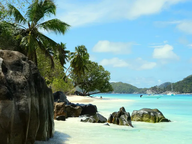 Granietrotsen, palmen en turquoise water op een strand van de Seychellen