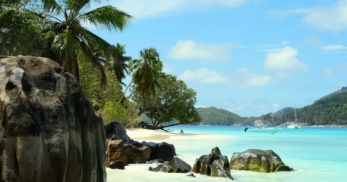 Granietrotsen, palmen en turquoise water op een strand van de Seychellen