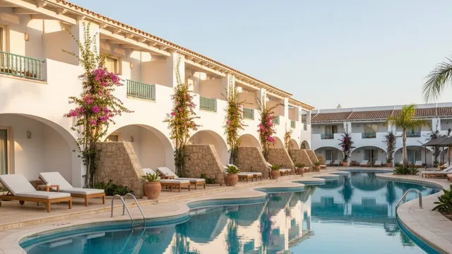 Rij swim-up kamers met terrassen die via trapjes direct uitkomen in een langgerekt turquoise zwembad
