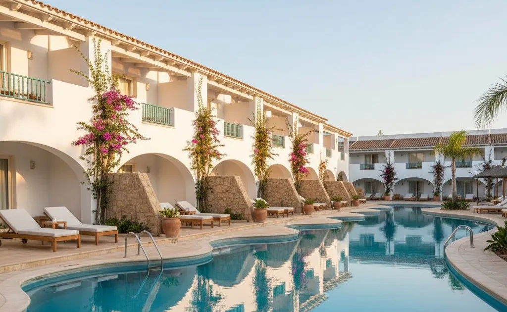 Rij swim-up kamers met terrassen die via trapjes direct uitkomen in een langgerekt turquoise zwembad