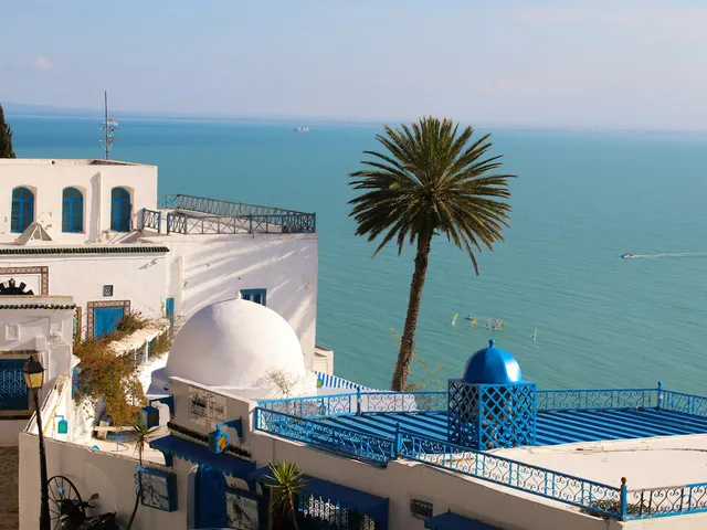 Witte huizen met blauwe accenten in Sidi Bou Said aan zee