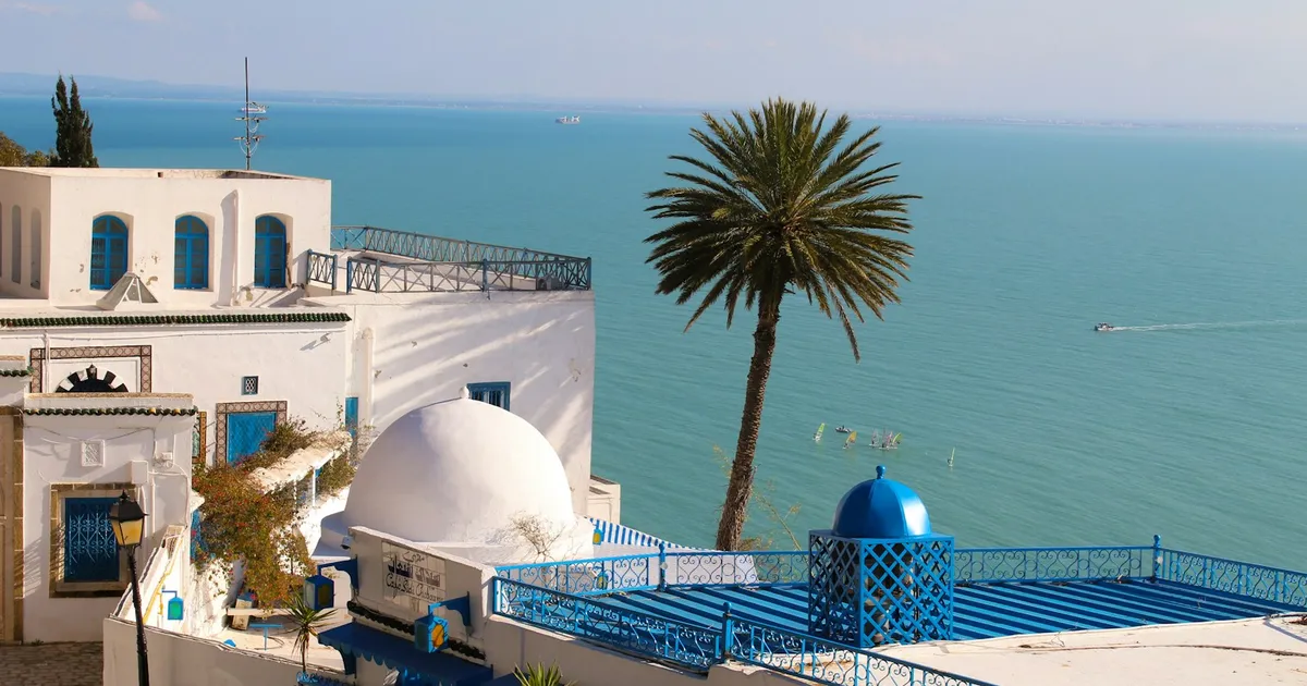 Witte huizen met blauwe accenten in Sidi Bou Said aan zee